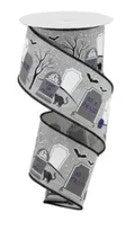 A spiral ribbon with a Halloween-themed design, featuring tombstones, bats, and other spooky elements.