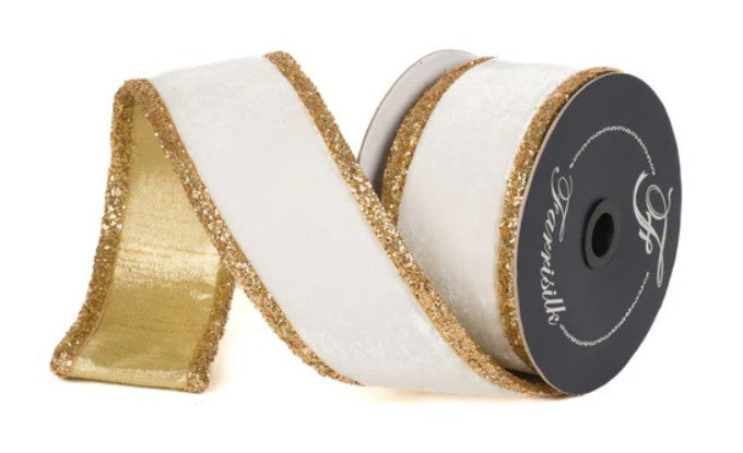 A roll of white and gold glittery ribbon with a black spool labeled "Gorilla" is shown against a white background.