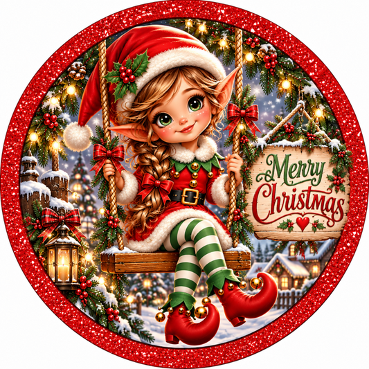 A cheerful Christmas-themed illustration featuring a young elf girl sitting on a swing, surrounded by festive decorations and a "Merry Christmas" sign.