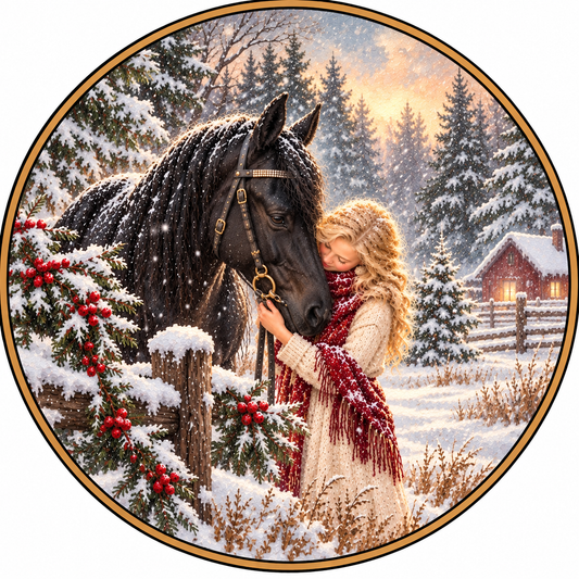 A woman in a red scarf tenderly embraces a black horse in a snowy forest, with a red-roofed cabin visible in the background.