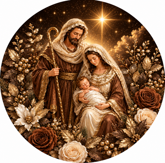 a religious scene with a nativity scene, featuring a man, a woman, and a baby. The man is holding a staff, the woman is holding a baby, and they are all surrounded by flowers and leaves. The background is dark, with a star shining brightly above.