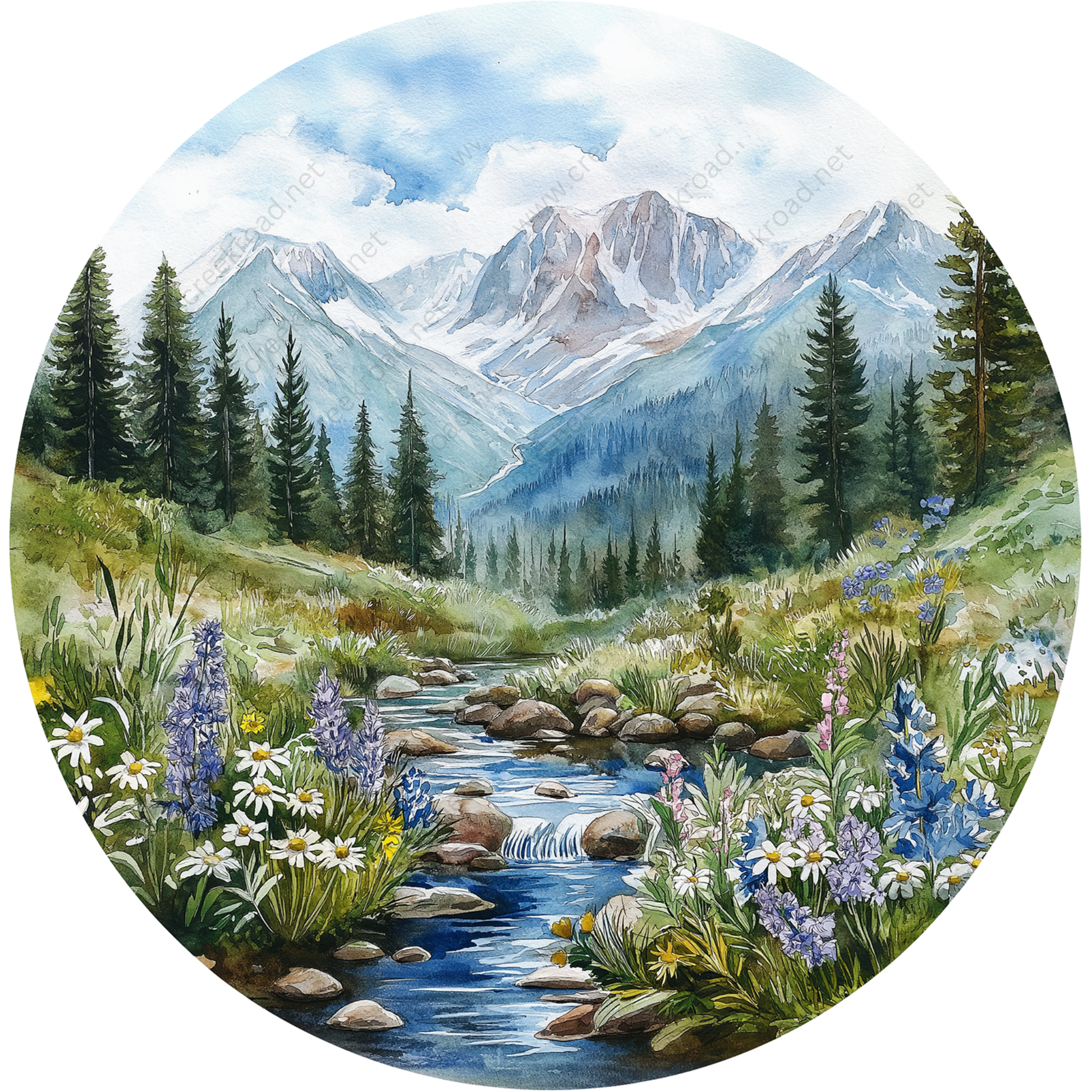 A watercolor painting depicting a serene mountain landscape with a meandering stream, lush vegetation, and snow-capped peaks in the background.
