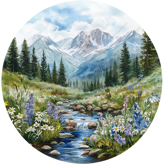 A watercolor painting depicting a serene mountain landscape with a meandering stream, lush vegetation, and snow-capped peaks in the background.