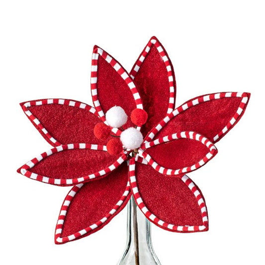 a red and white poinsettia in a glass vase