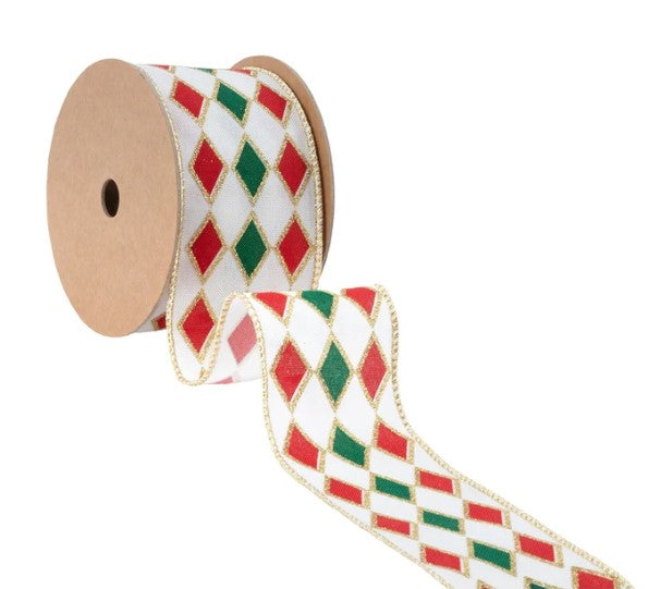 A roll of Christmas-themed ribbon with a diamond pattern in red, green, and white colors.