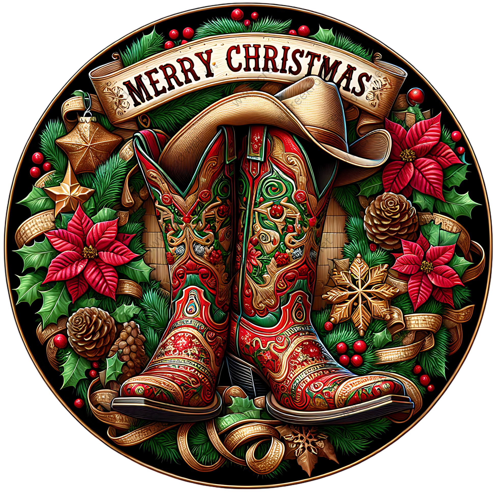 A festive Christmas wreath with a pair of red and green cowboy boots at the center, surrounded by red poinsettias, pine cones, and other holiday decorations. The wreath is framed by a banner that reads "Merry Christmas".