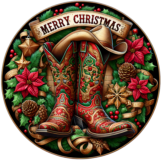 A festive Christmas wreath with a pair of red and green cowboy boots at the center, surrounded by red poinsettias, pine cones, and other holiday decorations. The wreath is framed by a banner that reads "Merry Christmas".