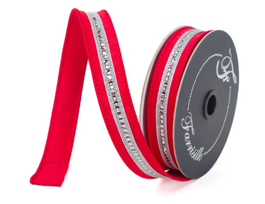 A red ribbon with silver rhinestones is shown against a white background.