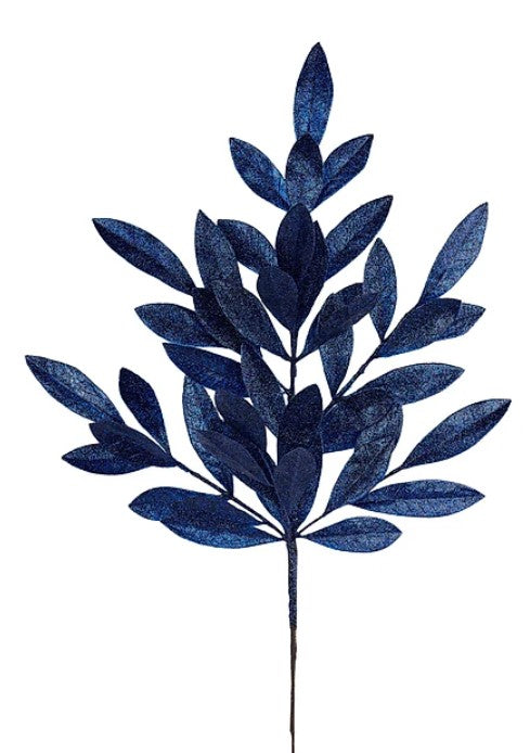 A stylized blue leaf with a pointed top and a thin stem, resembling a branch or twig.