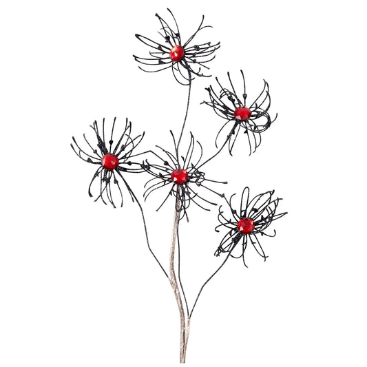 a group of five stylized black wire flowers with red centers, arranged in a vertical line.