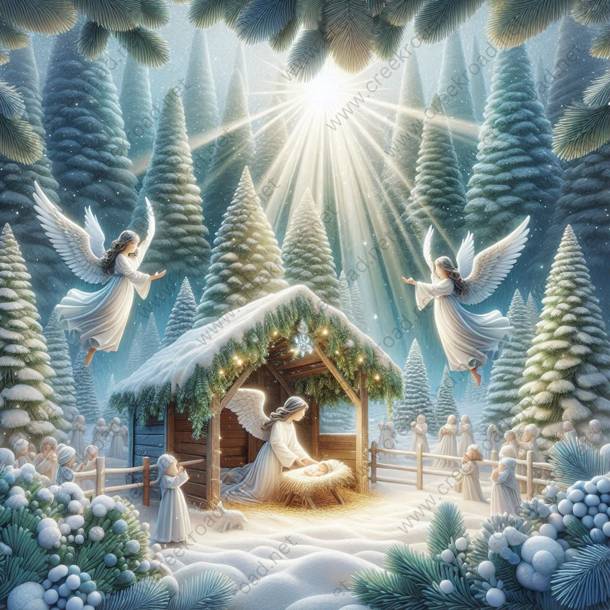 a nativity scene with angels and a baby jesus