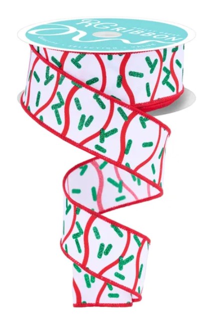 A spiral-shaped ribbon with a pattern of red and green dots on a white background.