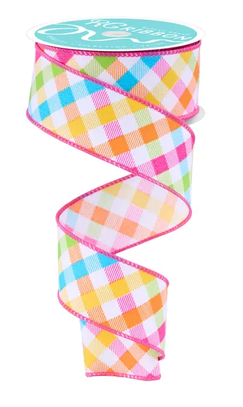 A colorful, plaid ribbon with a spiral pattern is shown against a white background.