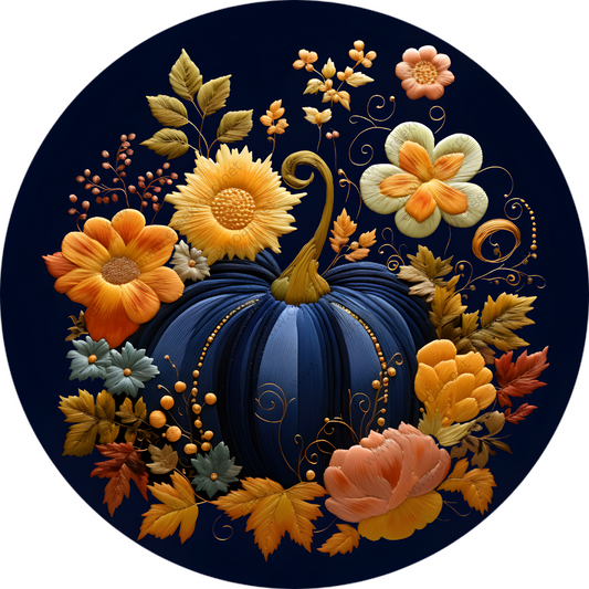 a painting of a blue pumpkin decorated with flowers