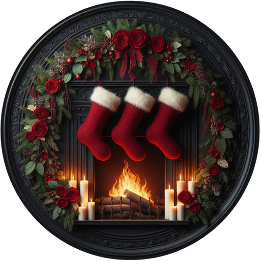 A festive Christmas wreath adorns a fireplace, with three red stockings hanging from it. The fireplace is lit, creating a warm and cozy atmosphere.