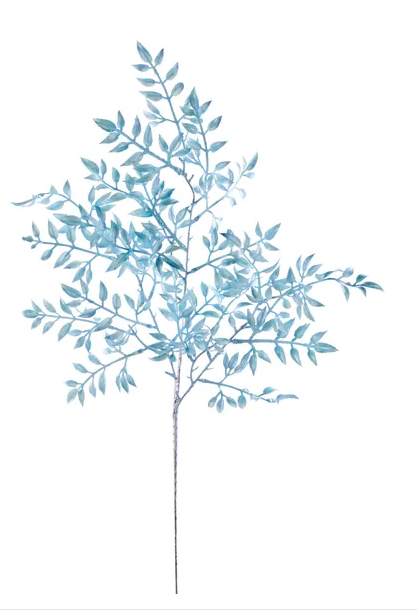 A single, light blue leafy branch with intricate, overlapping leaves stands alone against a white background.