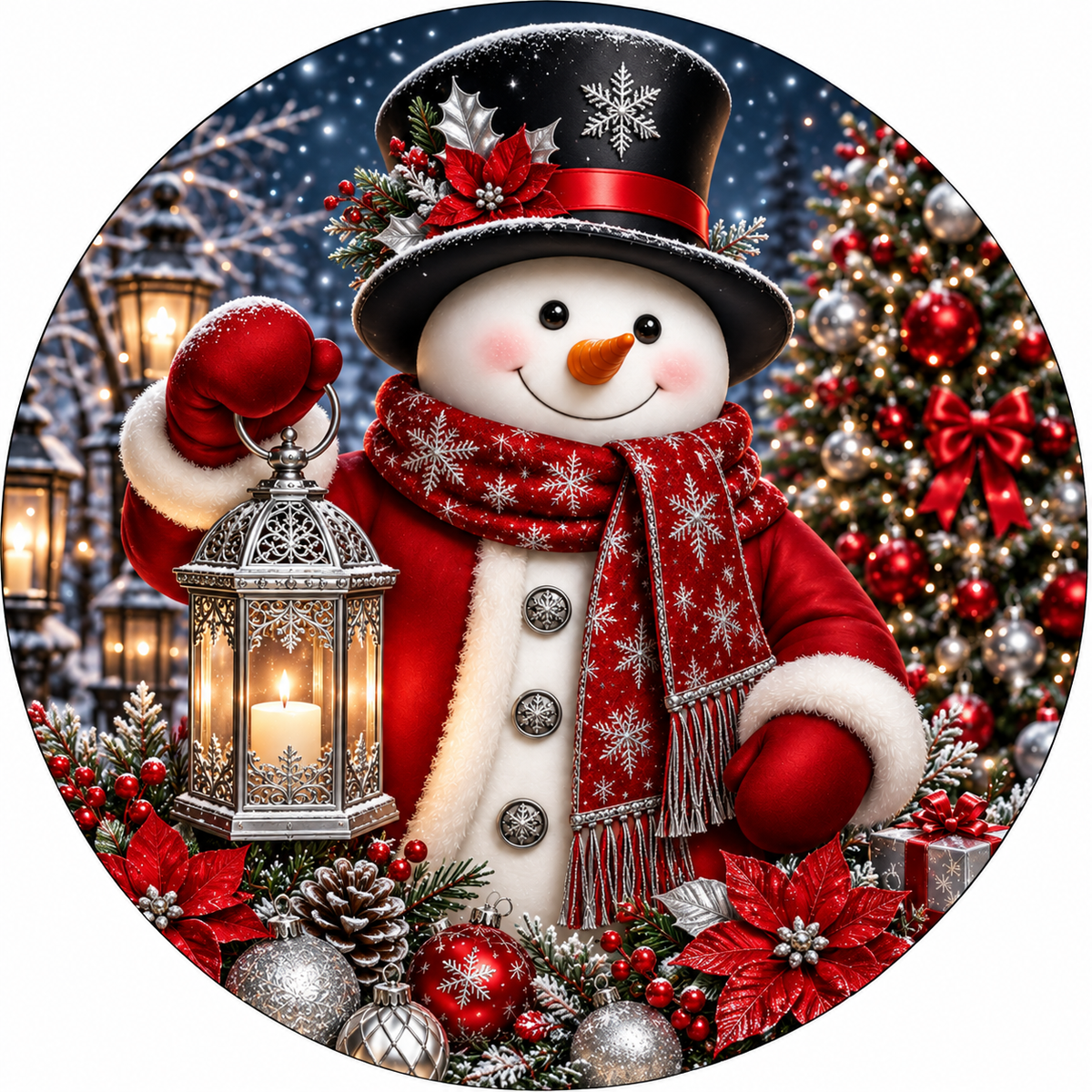 A cheerful snowman, dressed in a red and white outfit, stands in front of a beautifully decorated Christmas tree, holding a lantern and surrounded by ornaments and pine cones.