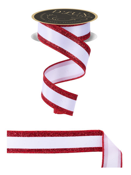 A red and white striped ribbon with a black and gold label, and a smaller red and white striped ribbon below it.