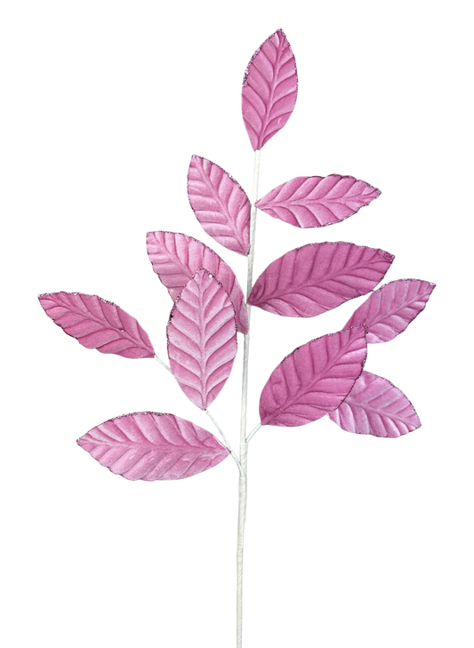 A branch with pink leaves against a gray background.