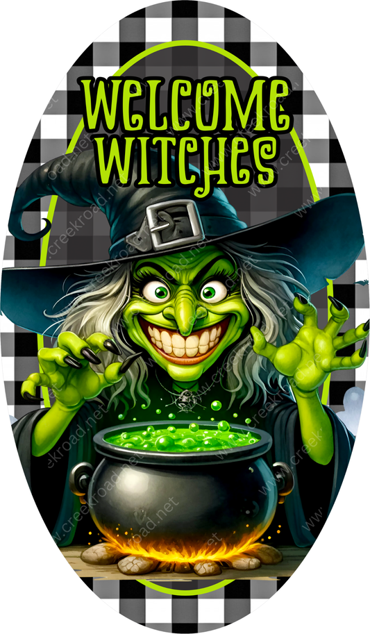 A cartoon illustration of a green witch with a large cauldron of bubbling green liquid, surrounded by a checkered background with the text "WELCOME WITCHES" prominently displayed.