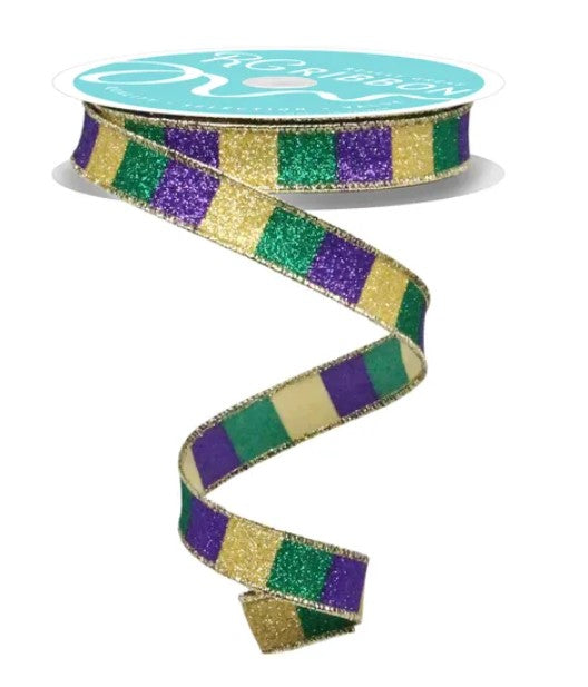 A spiral ribbon with a multicolored pattern, including purple, green, and gold stripes.