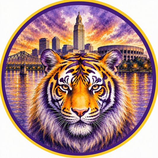 A vibrant painting of a tiger's face in the foreground, with a city skyline and a bridge in the background, all set against a colorful sunset sky.