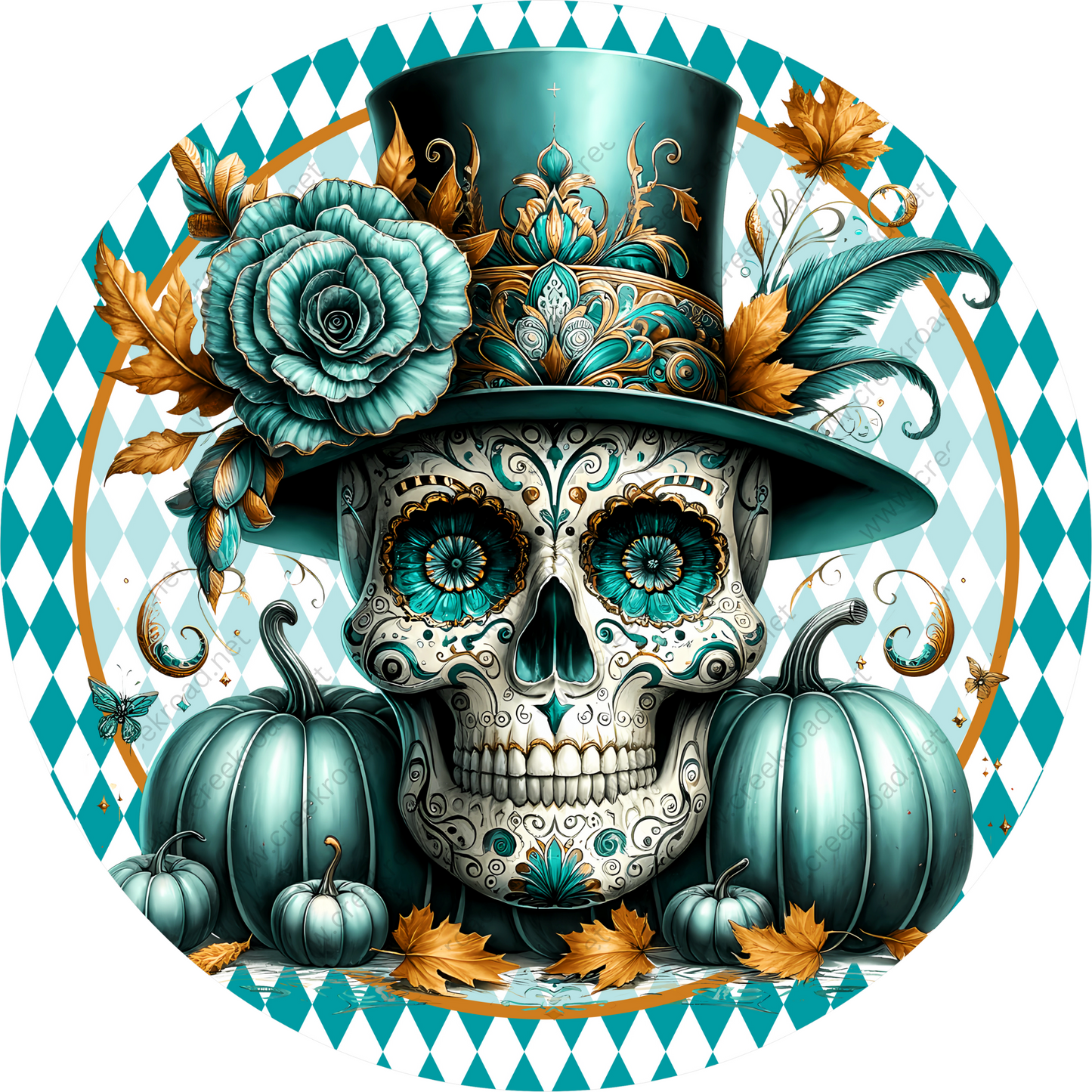 a skull with a top hat and pumpkins