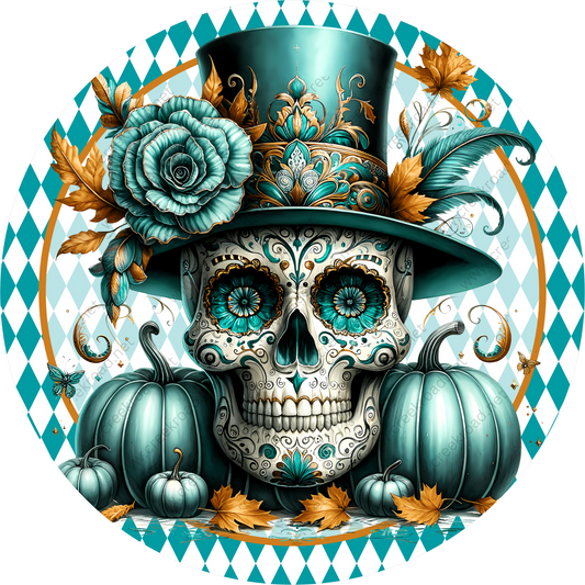 a skull with a top hat and pumpkins