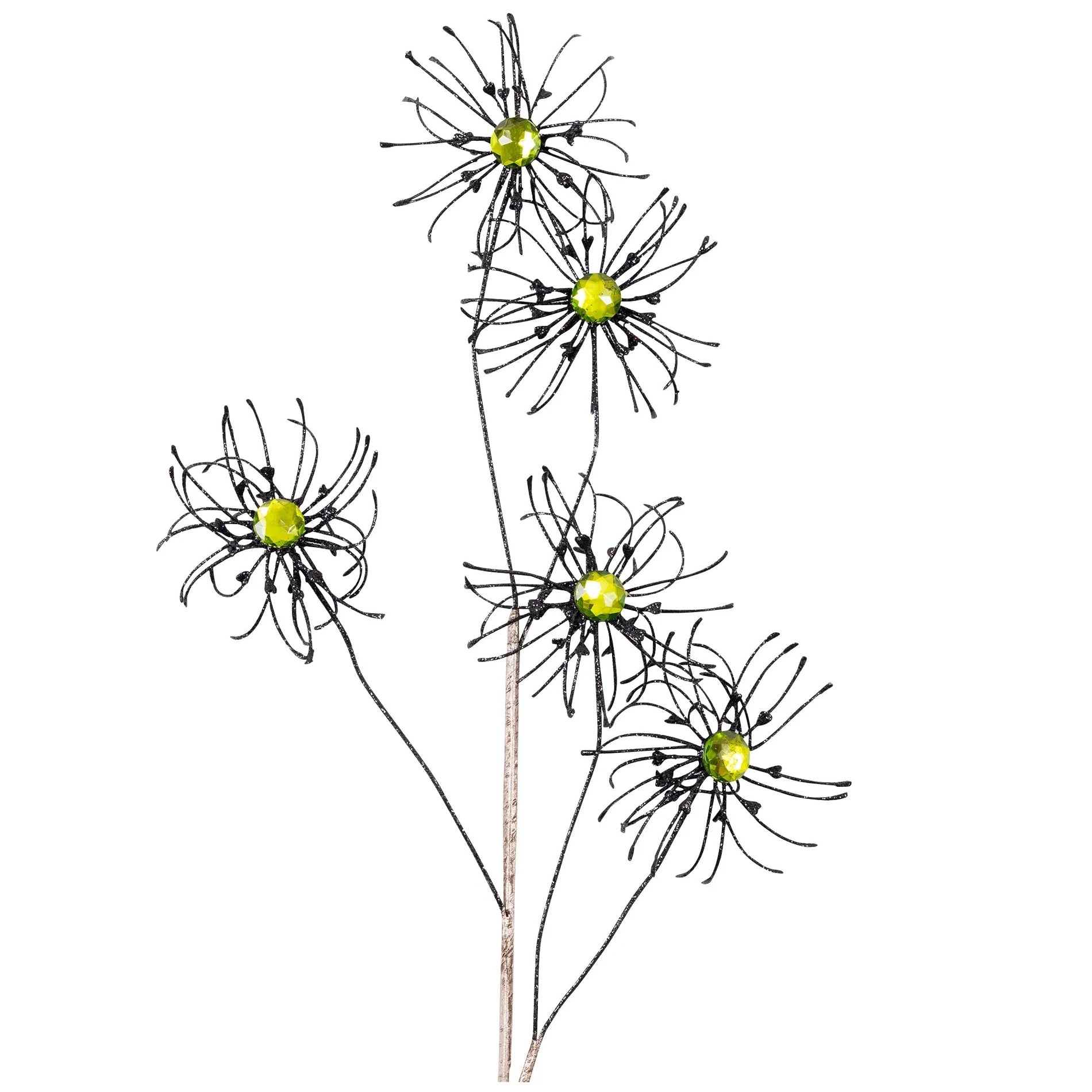 a group of five black wire flowers with yellow centers, arranged in a vertical line.