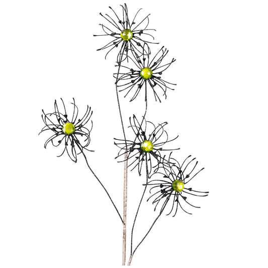 a group of five black wire flowers with yellow centers, arranged in a vertical line.