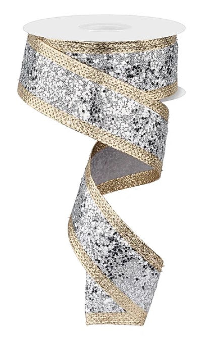 A silver and gold sequin ribbon is shown, with a white spool of ribbon at the top.