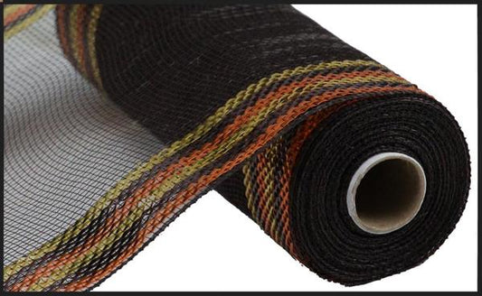 a roll of black mesh with orange and yellow stripes