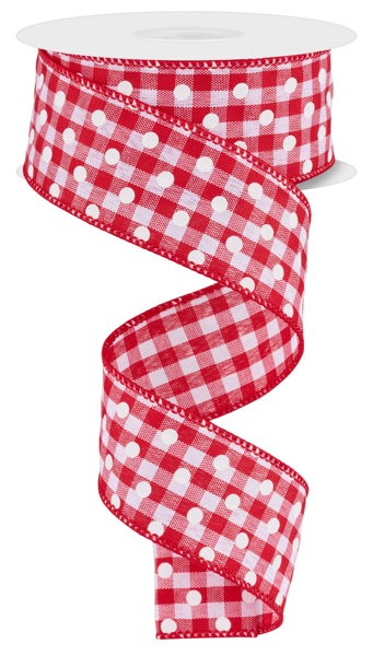 A red and white checkered ribbon with white polka dots.