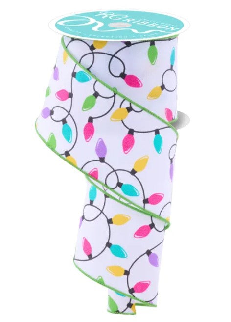 A roll of ribbon with a colorful, multicolored pattern of lights, resembling Christmas lights or garland.