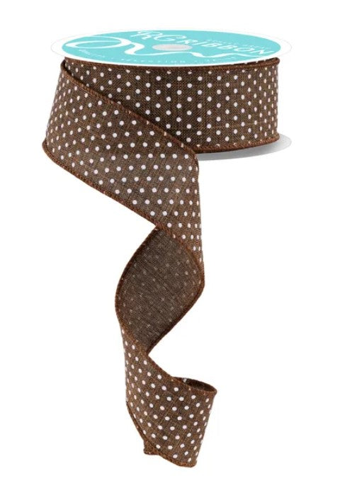 a brown and white polka dot ribbon with a turquoise label.