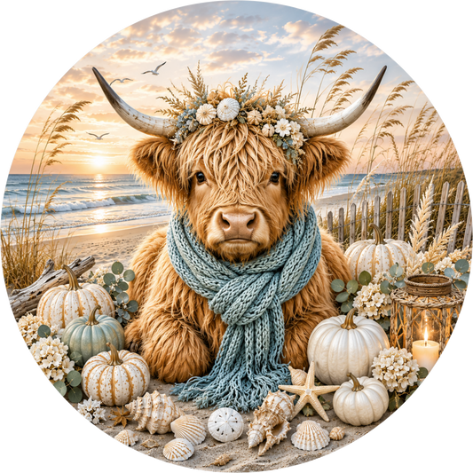 A Highland cow wearing a blue scarf and surrounded by pumpkins, seashells, and a starfish, with a sunset in the background.