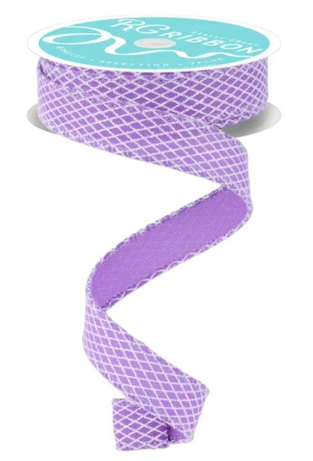A roll of purple and white patterned ribbon with a turquoise label.
