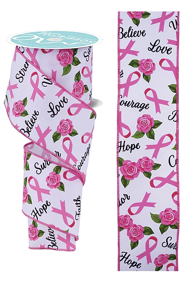 a ribbon with a pink rose pattern and the words "Love" and "Hope" printed on it.