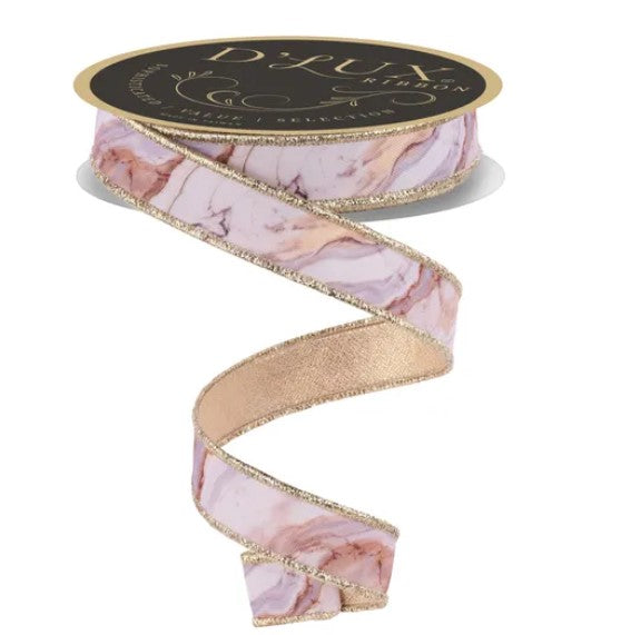 A gold and pink marble-patterned ribbon with a black and gold label.