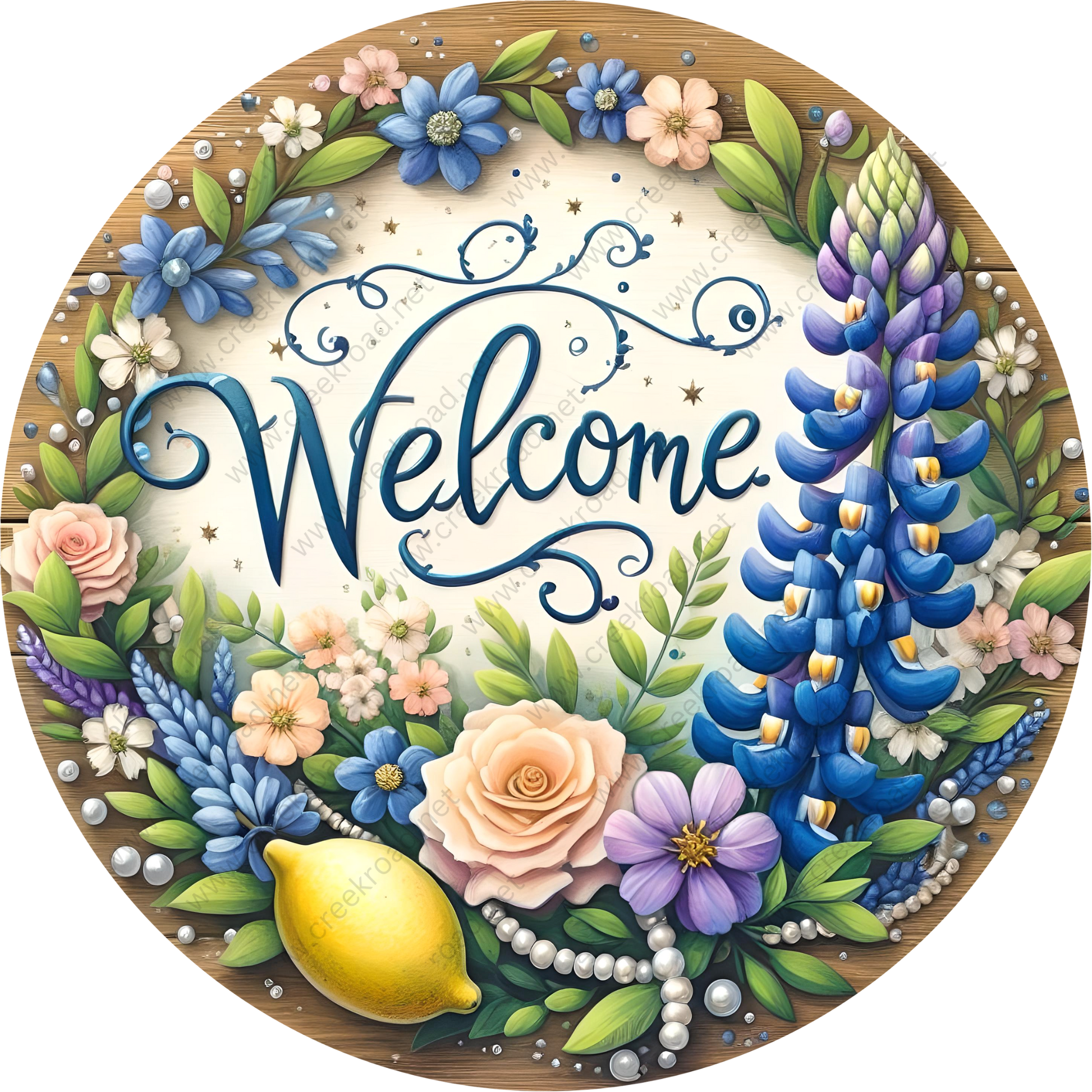 A round, wooden sign with a floral border surrounding the word "Welcome". The sign is decorated with various colorful flowers, leaves, and pearls.