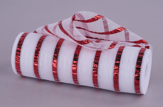 a roll of white and red ribbon on a gray background