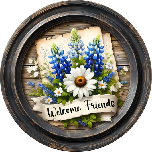 a picture of a welcome friends sign with flowers