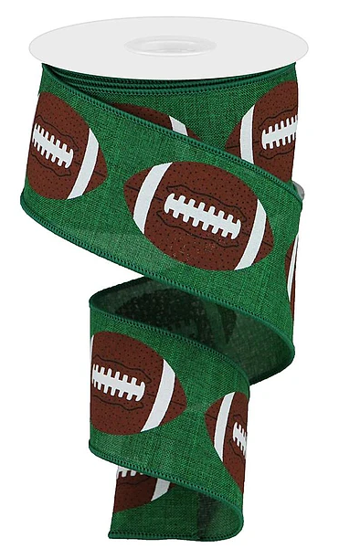 a green ribbon with a repeating pattern of brown footballs on it.