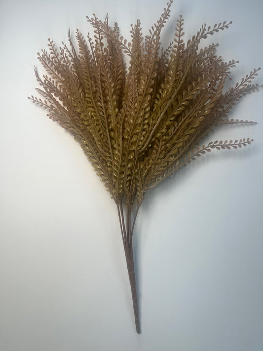 A bunch of brown, leafy branches or ferns arranged in a fan-like shape against a plain white background.