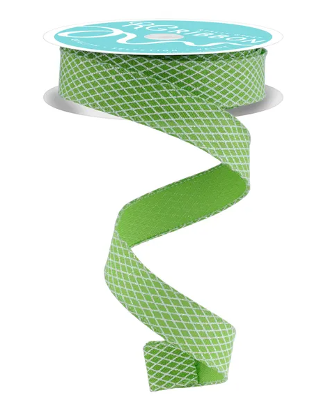 A spiral-shaped green and white patterned ribbon is shown against a white background.