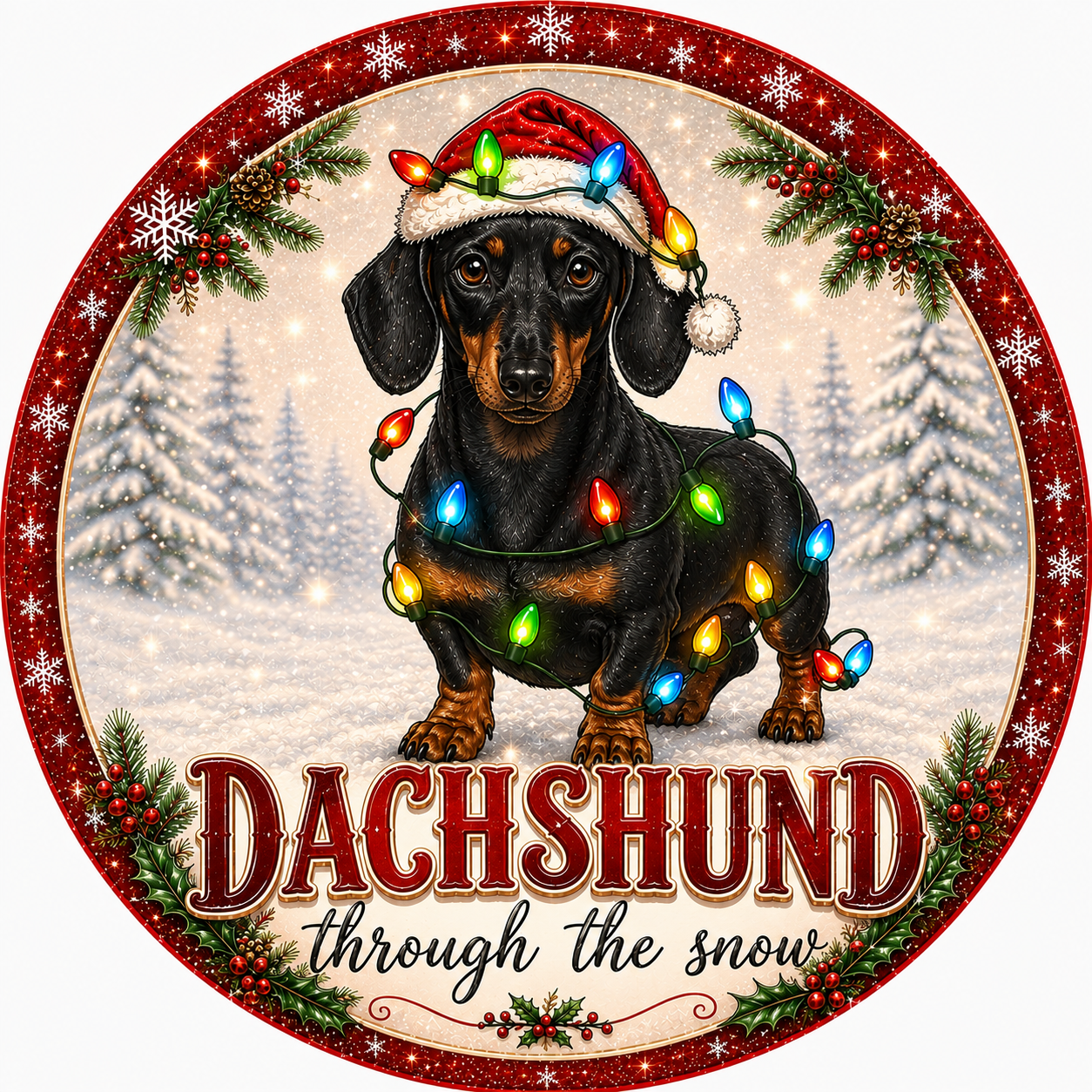 A dachshund dog wearing a Santa hat and surrounded by Christmas lights, with the text "Dachshund through the snow" in the center.