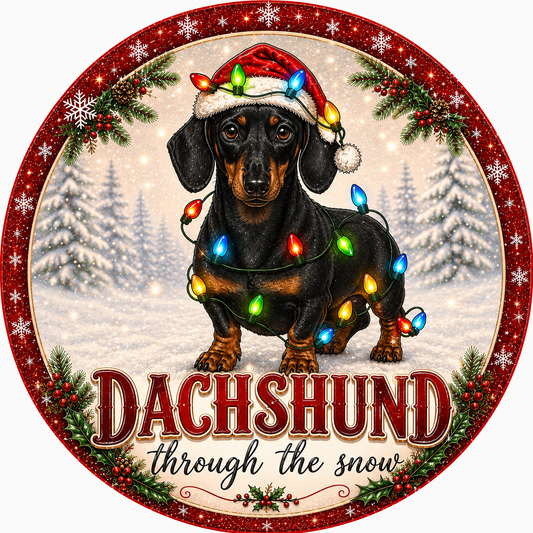 A dachshund dog wearing a Santa hat and surrounded by Christmas lights, with the text "Dachshund through the snow" in the center.
