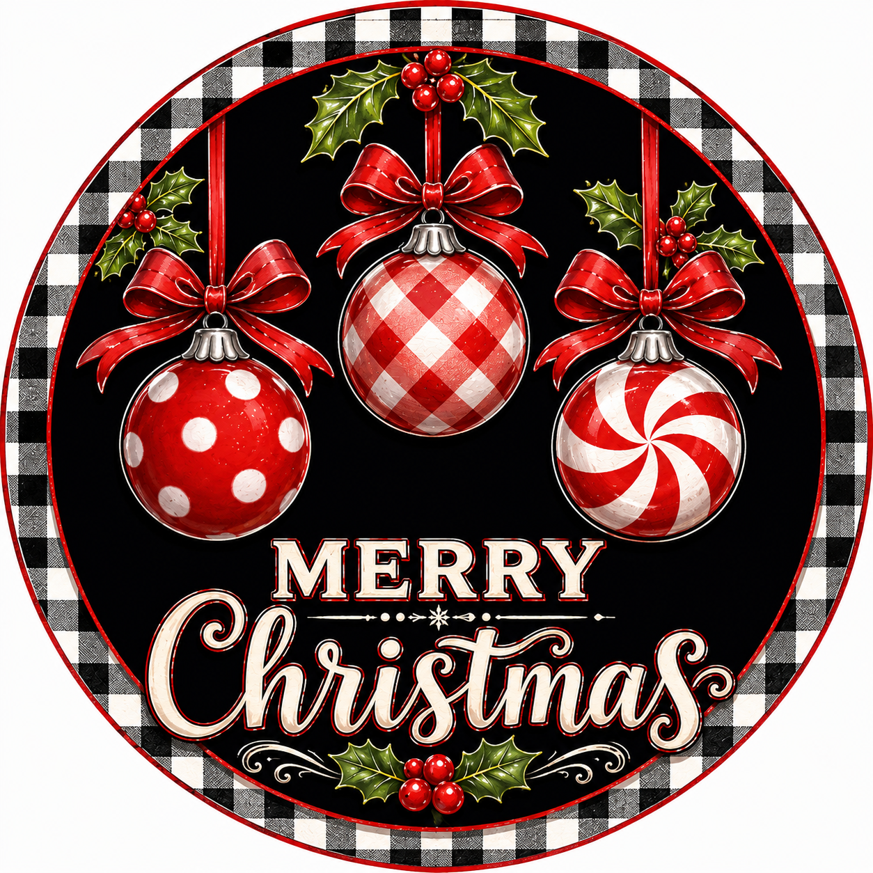 A festive Christmas-themed image featuring three ornaments with red bows, holly leaves, and berries, along with the text "MERRY CHRISTMAS" in a decorative font.