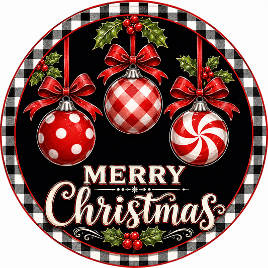 A festive Christmas-themed image featuring three ornaments with red bows, holly leaves, and berries, along with the text "MERRY CHRISTMAS" in a decorative font.