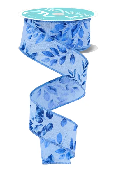 A blue floral patterned ribbon is shown, with the ribbon winding around itself in a spiral pattern.